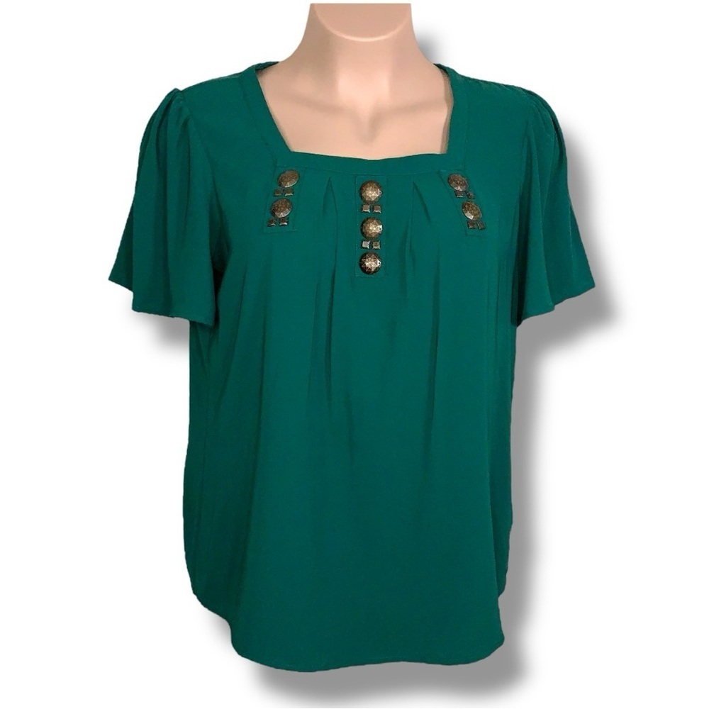 XL Apostrophe Green Short Sleeve Blouse Brown Beaded Accent